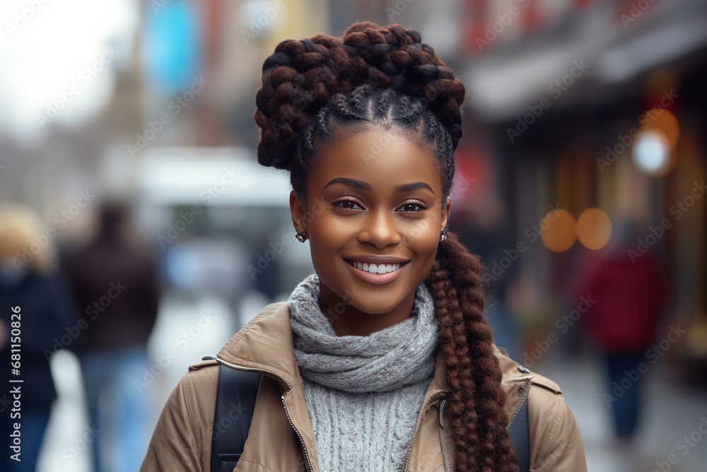 closeup portrait of young African pretty woman wearing braids hair style smiling walking in city street at day time, Generative Ai - obrazy, fototapety, plakaty 