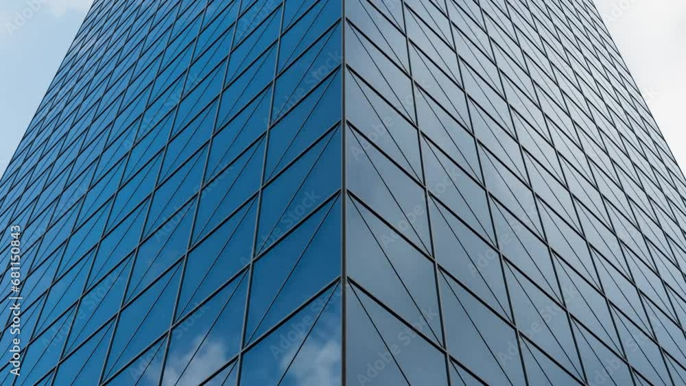 Skyscraper Vertically Moving Shot Capturing Sky and Cloud Reflections on Glass Windows, 3D render Skyscraper Vertically Moving Shot Capturing Sky and Cloud Reflections on Glass Windows, 3D render