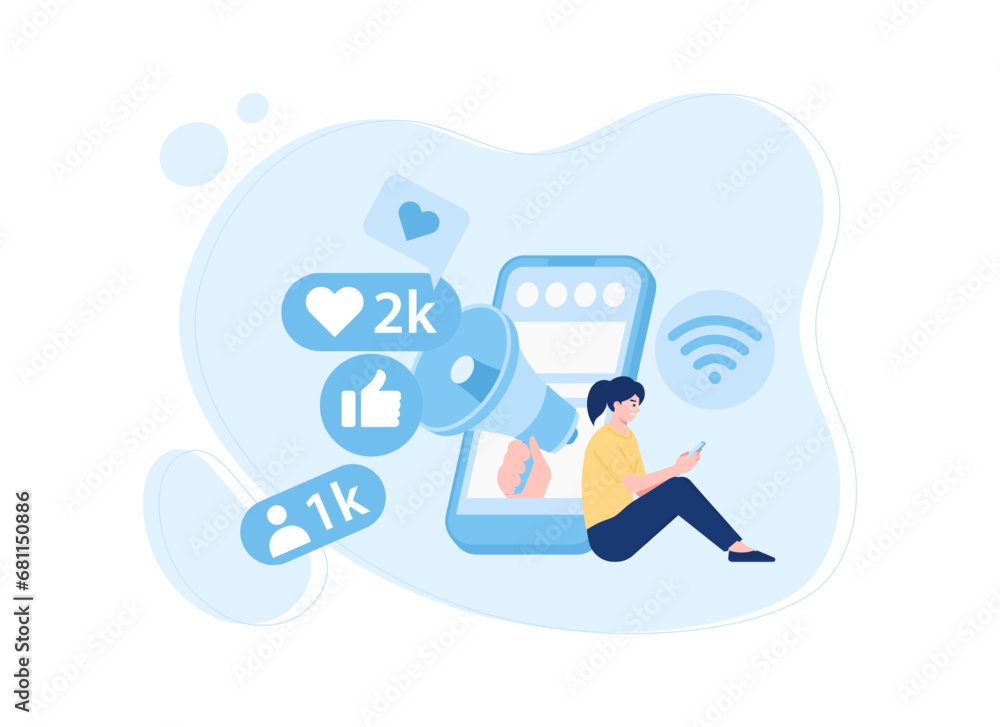 women using mobile phones for social media promotion concept flat illustration women using mobile phones for social media promotion concept flat illustration