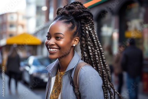 closeup portrait of young African pretty woman wearing braids hair style smiling walking in city street at day time, Generative Ai