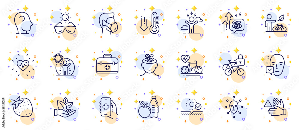 Outline set of Difficult stress, Face biometrics and Strawberry line icons for web app. Include Collagen skin, Cardio bike, Stress grows pictogram icons. Healthy food, Heartbeat. Vector Outline set of Difficult stress, Face biometrics and Strawberry line icons for web app. Include Collagen skin, Cardio bike, Stress grows pictogram icons. Healthy food, Heartbeat. Vector
