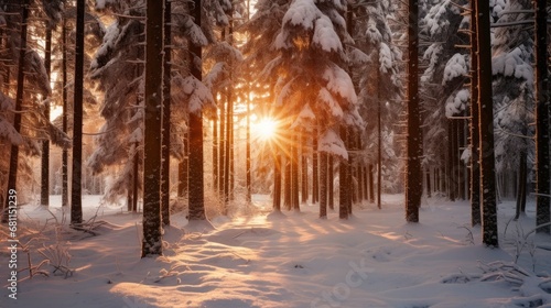 Snowfall in coniferous winter forest  evening sun rays breaking through trees  spruce branches under snow