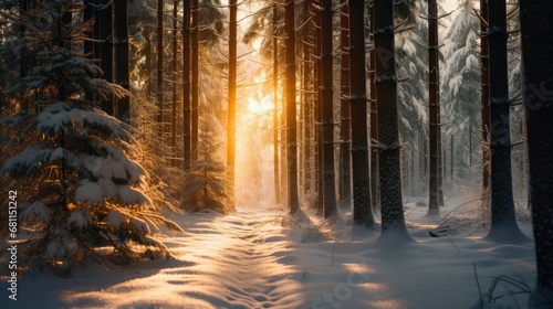 Snowfall in coniferous winter forest, evening sun rays breaking through trees, spruce branches under snow