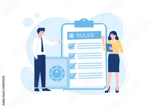 business people study rule lists, read guidelines, create checklists concept flat illustration