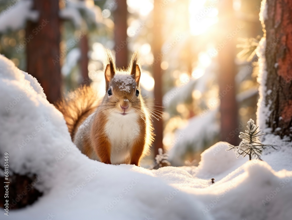 Snowfall in coniferous winter frosty forest close up, bright day sun rays breaking through trees with small pretty squirrel between them Snowfall in coniferous winter frosty forest close up, bright day sun rays breaking through trees with small pretty squirrel between them