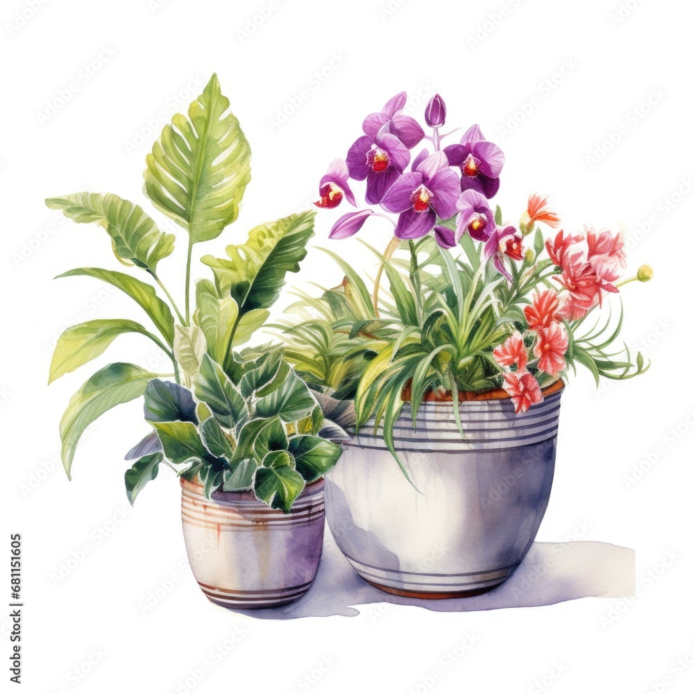 A painting of three potted plants on a table