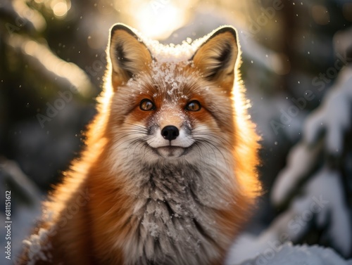 Snowfall in coniferous winter frosty forest close up, bright day sun rays breaking through trees with small pretty baby fox between them