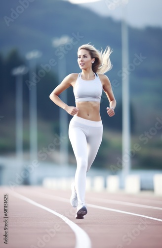 shot of young woman in sportswear jogging. Beautiful female jogger runner running outdoors. Active lifestyle concept