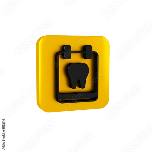 Black Calendar with tooth icon isolated on transparent background. International Dentist Day, March 6. March holiday calendar. Yellow square button.