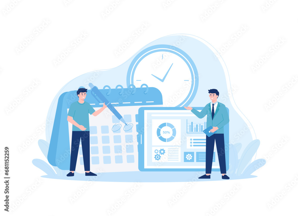 two men discussing time management concept flat illustration two men discussing time management concept flat illustration