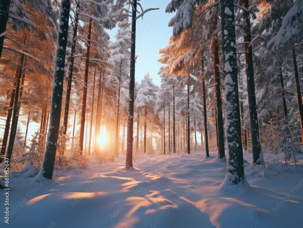 Snowy winter beautiful coniferous forest close up at sundown Snowy winter beautiful coniferous forest close up at sundown