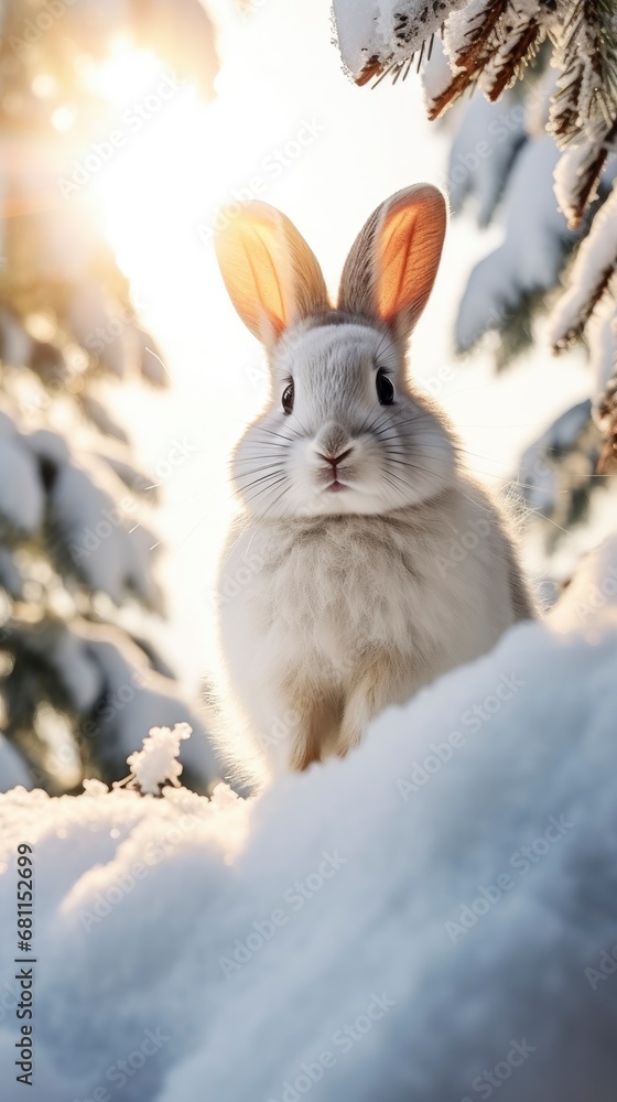 White cute bunny in snowy winter beautiful coniferous forest at sunny day White cute bunny in snowy winter beautiful coniferous forest at sunny day