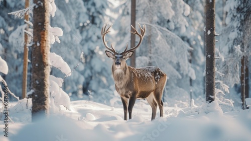 Reindeer in snowy winter beautiful coniferous forest at sunny day