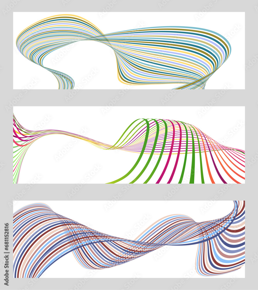 Wavy lines or ribbons. Set of 3 backgrounds. Multicolored striped gradient. Creative unusual background with abstract gradient wave lines to create a trendy banner, poster. vector eps Wavy lines or ribbons. Set of 3 backgrounds. Multicolored striped gradient. Creative unusual background with abstract gradient wave lines to create a trendy banner, poster. vector eps