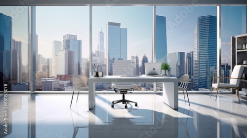 a contemporary office with a white desk and two chairs and a large window overlooking the city