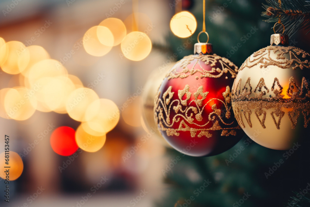 Red and gold baubles hang on a tree. The concept embodies holiday warmth and tradition. Red and gold baubles hang on a tree. The concept embodies holiday warmth and tradition.