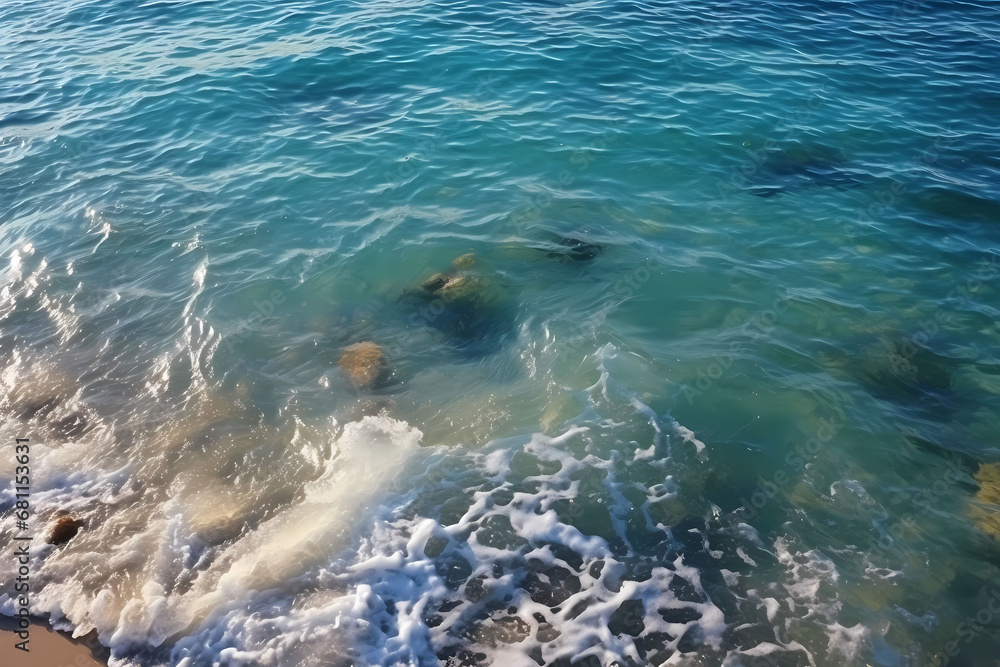 Naklejka premium Waves on the ocean near the shoreline with rocks