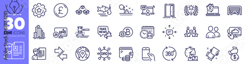 Wallet, Puzzle time and Fast delivery line icons pack. Candlestick chart, Auction hammer, Settings gear web icon. Parcel shipping, Sms, Users pictogram. Bribe, Dao, Winner cup. Vector