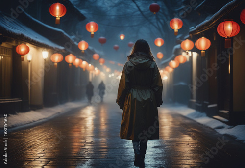 A girl in a raincoat walks at night along a street illuminated by lanterns