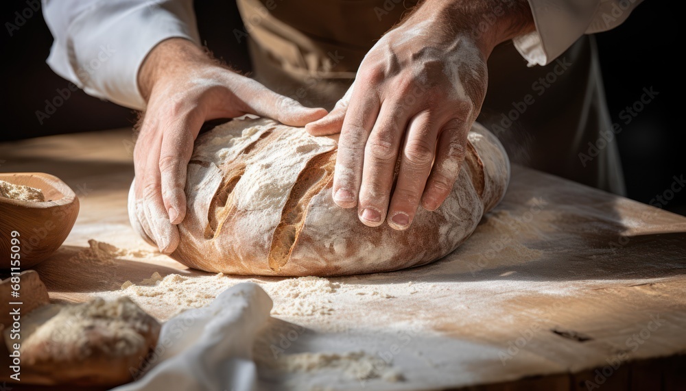The Art of Breadmaking: The Joyful Process of Kneading Dough on a Rustic Wooden Table
