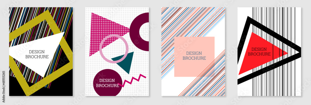 Set of cover design in Memphis style. Geometric design, abstract background. Fashionable bright cover, banner, poster, booklet. Creative colors. Set of cover design in Memphis style. Geometric design, abstract background. Fashionable bright cover, banner, poster, booklet. Creative colors.