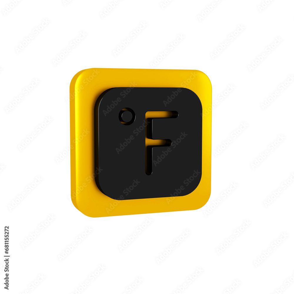 Black Fahrenheit icon isolated on transparent background. Yellow square button. Black Fahrenheit icon isolated on transparent background. Yellow square button.