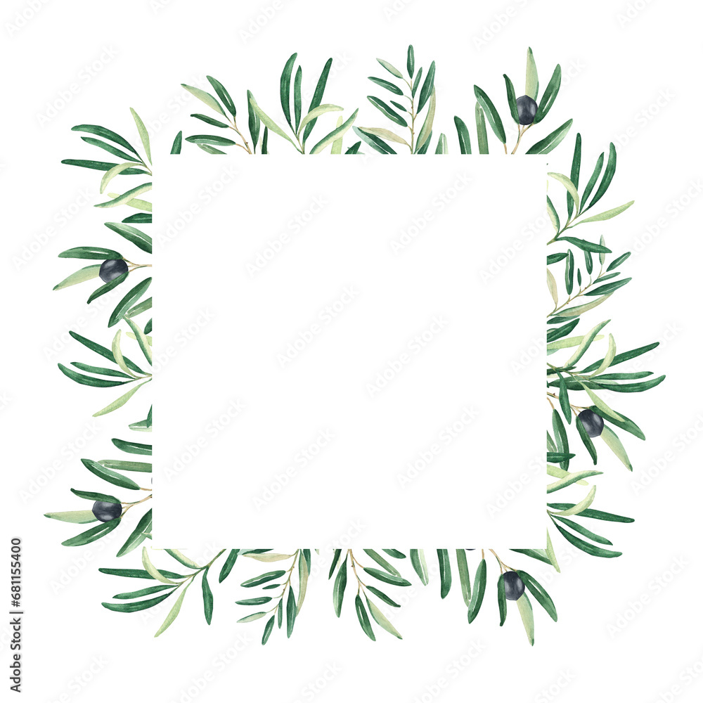 Olive tree square frame. Black olives and branches. Hand drawn watercolor botanical illustration isolated on white background. Can be used for cards, logos and cosmetic design. Olive tree square frame. Black olives and branches. Hand drawn watercolor botanical illustration isolated on white background. Can be used for cards, logos and cosmetic design.