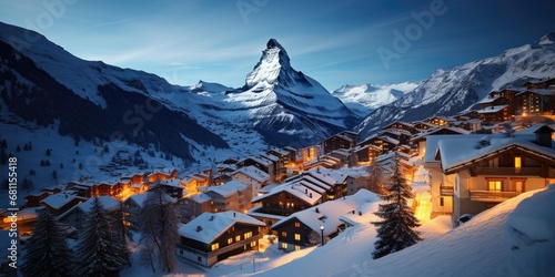 enchantment as snow falls gracefully in Zermatt, a traditional Swiss ski resort nestled under the majestic Matterhorn.