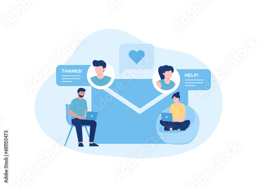 two couples chatting online in front of a laptop concept flat illustration