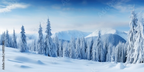 Behold a breathtaking winter landscape where snow-covered fir trees stand proudly against a backdrop of frozen trees atop a frosty mountain. The scene captures the majestic beauty of winter,
