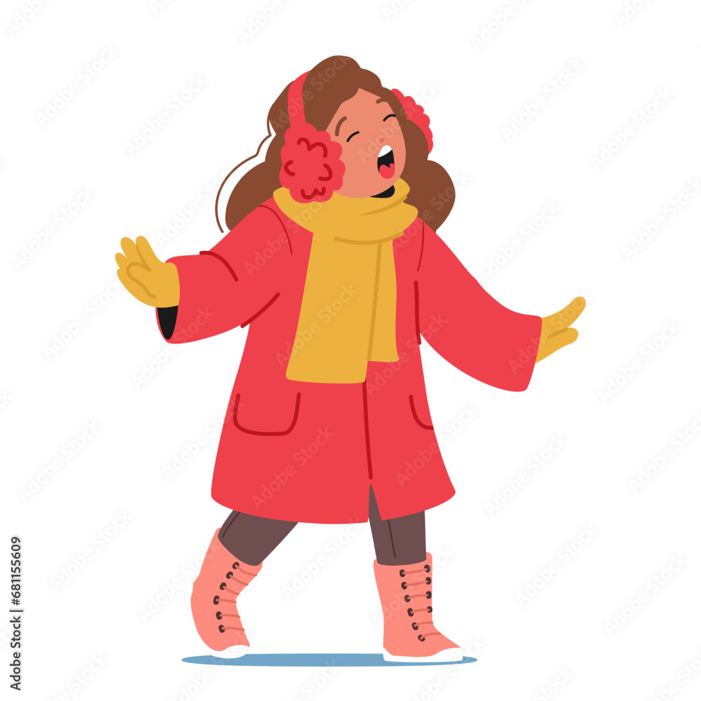 Cheerful Child Bundled In Winter Attire, Joyfully Sings Christmas Carols. Little Girl Character Spreading Holiday Spirit Cheerful Child Bundled In Winter Attire, Joyfully Sings Christmas Carols. Little Girl Character Spreading Holiday Spirit