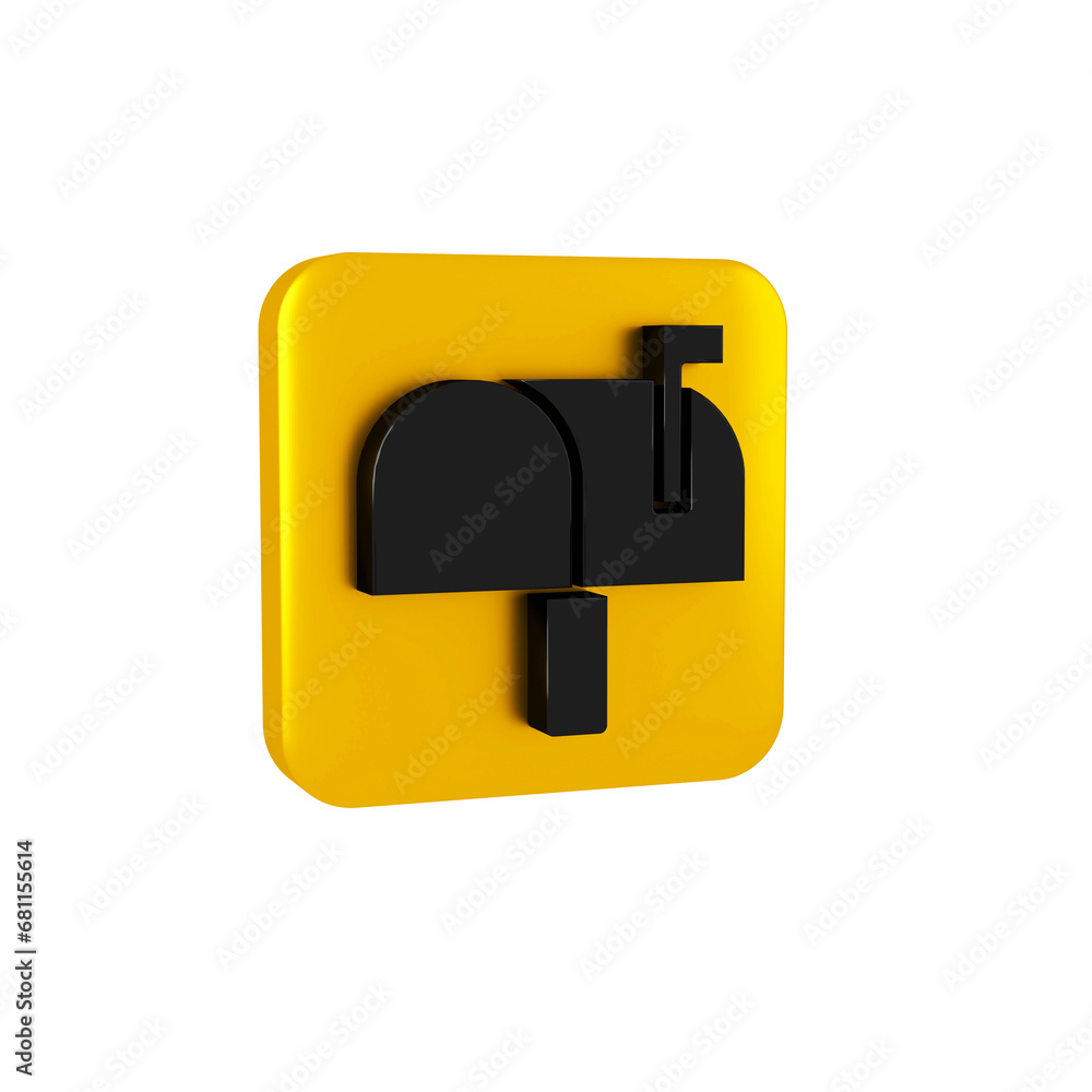 Black Mail box icon isolated on transparent background. Mailbox icon. Mail postbox on pole with flag. Yellow square button. Black Mail box icon isolated on transparent background. Mailbox icon. Mail postbox on pole with flag. Yellow square button.