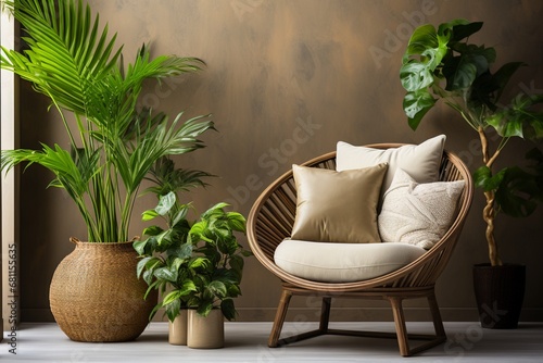 A cozy barrel chair nestles amidst green houseplants near a beige stucco wall, illustrating the home interior design of a modern living room photo