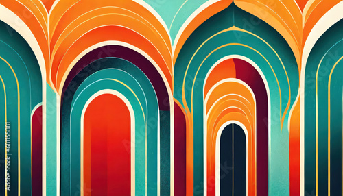 Abstract design of arch shapes in orange, red and green