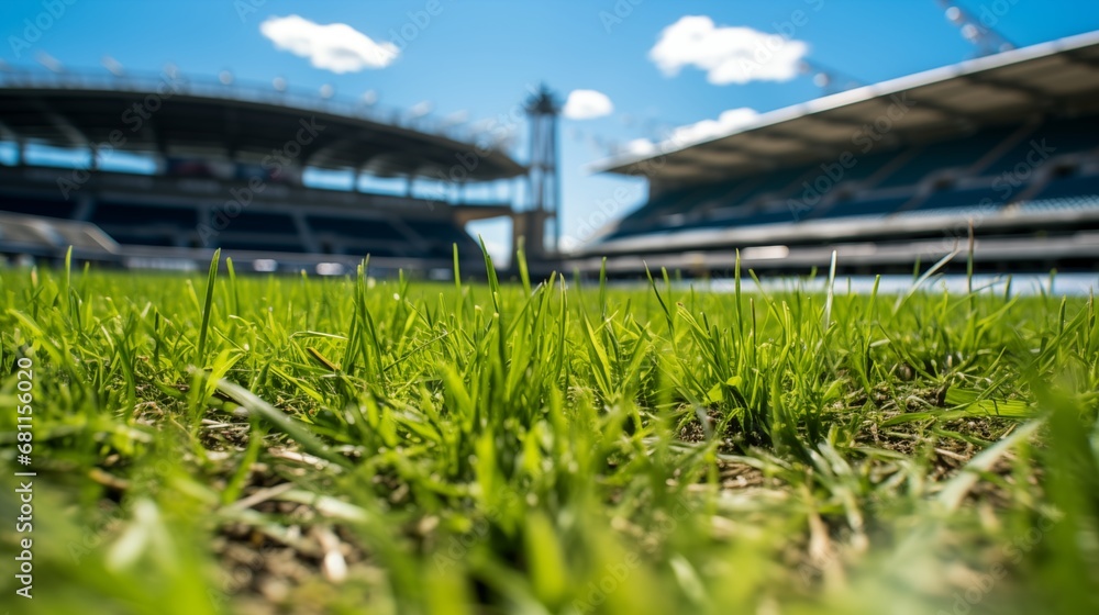 Close up photo of grass on soccer stadium on bright sunny day