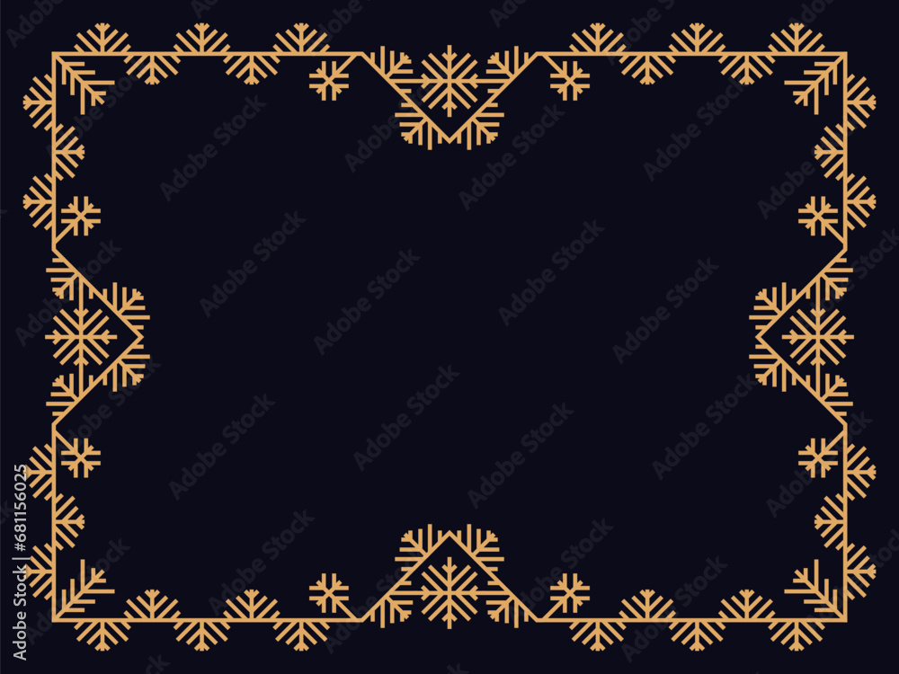 Art deco style frame with snowflakes. Winter vintage linear border with snowflake in line art style. Christmas frame design a template for invitations, leaflets and greeting cards. Vector illustration