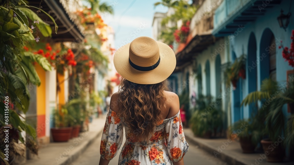 Boho stylish young woman in straw hat from behind walking on the colorful on old colorful streets of Cuba