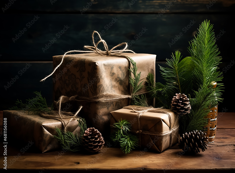 A stack of wrapped presents sitting on top of a wooden table A stack of wrapped presents sitting on top of a wooden table