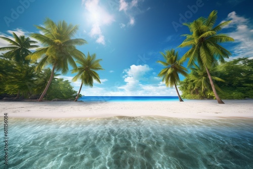Tropical beach paradise during summer, with palm trees, white sands, and crystal-clear water