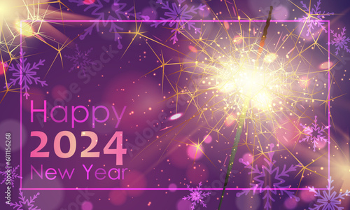 2024 happy new year banner, poster, holiday durk purple, pink background. Celebrate night party, sparkler little gold fireworks. Merry Christmas holiday design, decor. Vector illustration. photo