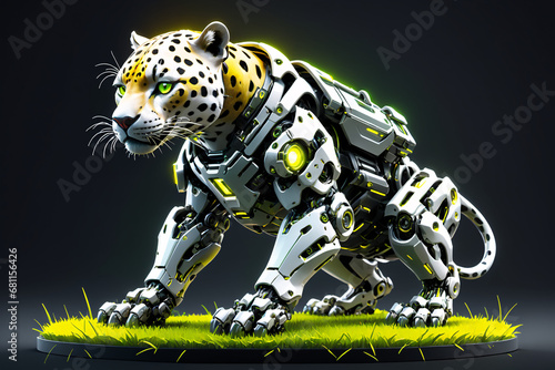 robot snow leopard. Yellow eyes. High-tech elements. Sci-fi art. Dark background. mecha animal © vian