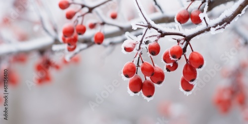 Vintage tones accentuate the beauty of rowan berries covered in a delicate layer of frost. The scene captures the timeless charm of nature's adornment, where the berries become exquisite jewels gliste