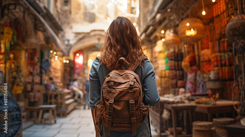 Girl traveler with a backpack at the bazaar on the street of the old city. ai generative