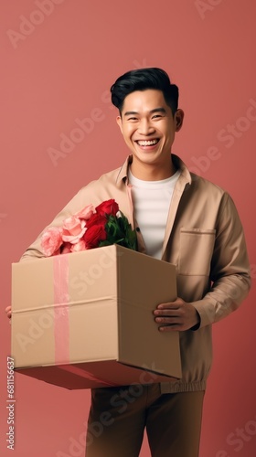 Radiant young man with a charming smile, dressed in a beige jacket, holding a box full of fresh roses on a warm coral background.