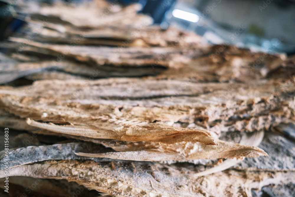 dry fish close up at market stand concept of food crisis and inflation 