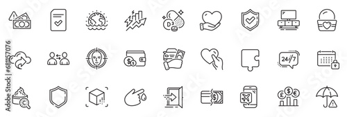 Icons pack as Payment methods, Disaster and Puzzle line icons for app include Volunteer, Face detect, 24h service outline thin icon web set. Flight mode, Buying accessory, Fraud pictogram. Vector