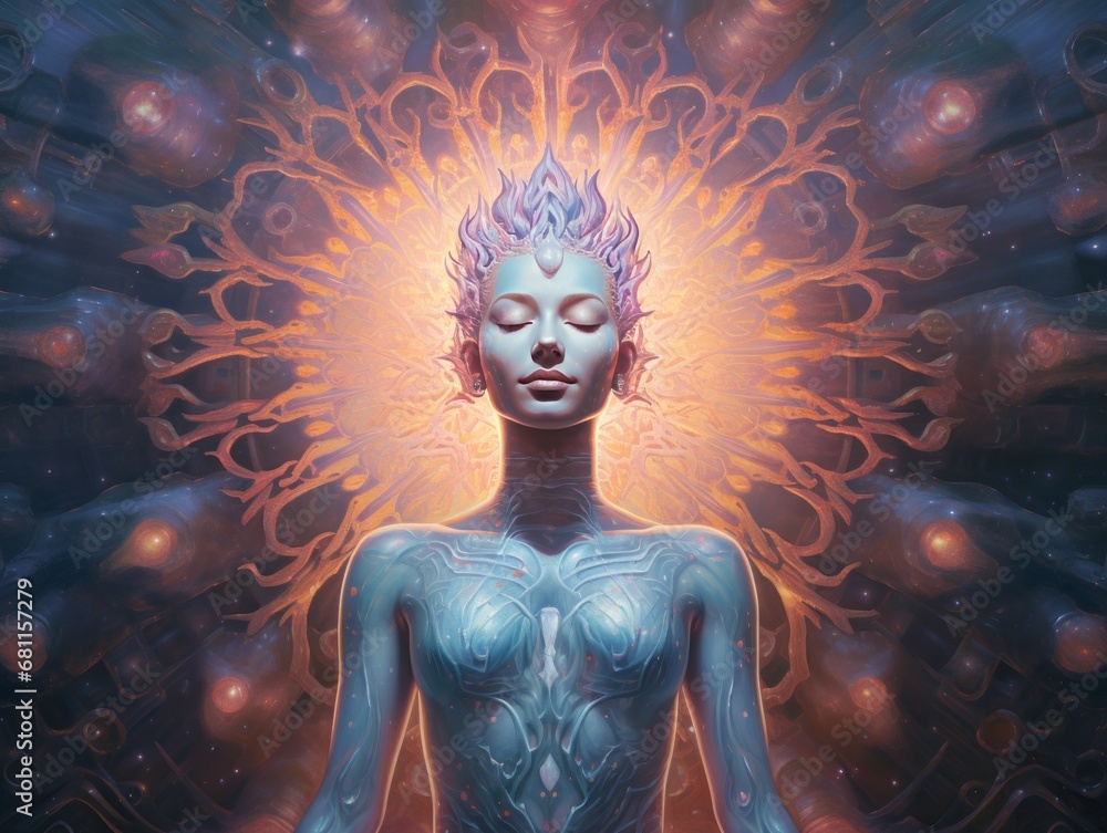 an astral body set against an abstract space background. convey a sense of the esoteric and spiritual, emphasizing the idea of meditation and its connection to the after life Illustration Generative A