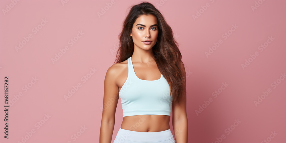 Attractive female model in fitness clothing on pastel background. ai generative - obrazy, fototapety, plakaty 