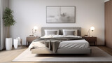 a contemporary bedroom with a white bedframe and gray nightstands and a minimalist painting on the wall