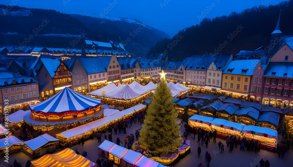 Fototapeta premium A hot air balloon floating over a picture Christmas market ai generative